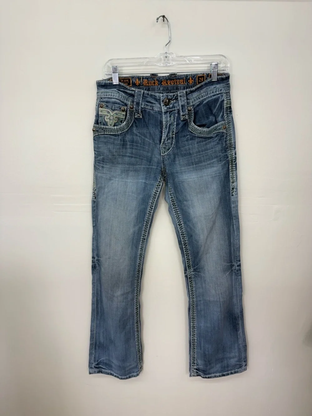 Rock Revival Men's Light Blue Slim boot Distressed bootcut Jeans Z16